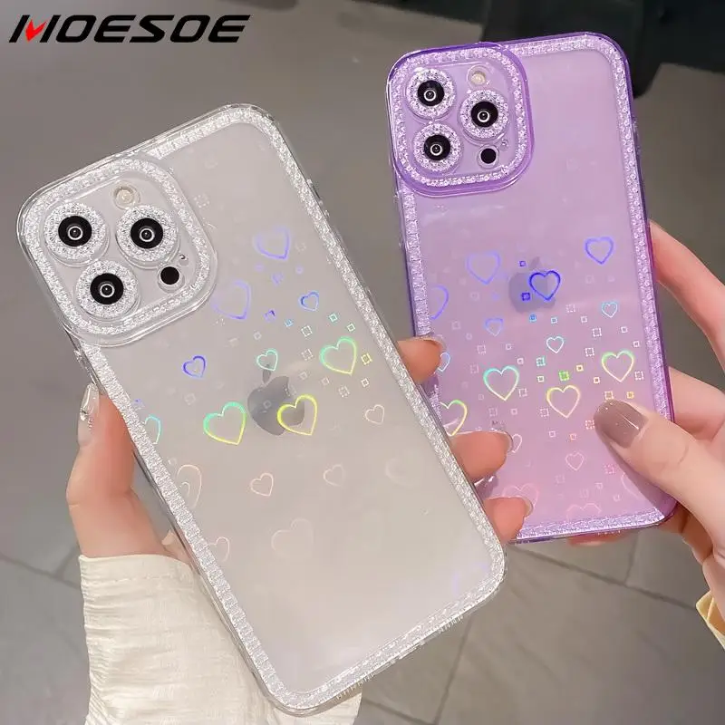 

For iPhone 13 Pro Max 12 11 Pro XS Max X 8 7 Plus Shockproof Camera Protection TPU Cover Cute Laser Love Heart Clear Phone Case