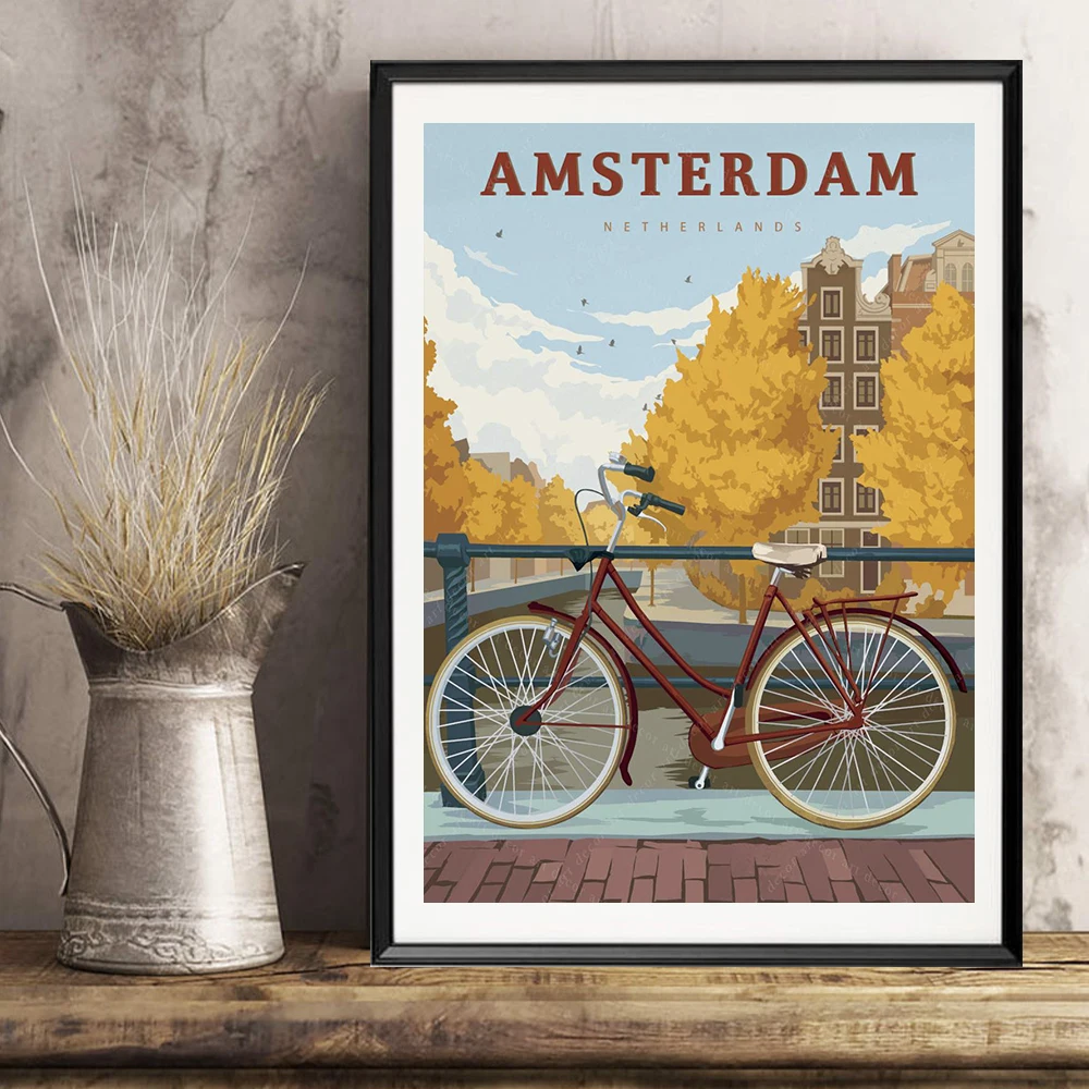 

Netherlands Amsterdam Vintage Travel Poster Canvas Painting Wall Art Kraft Posters Coated Wallsticker Home Decor Gift
