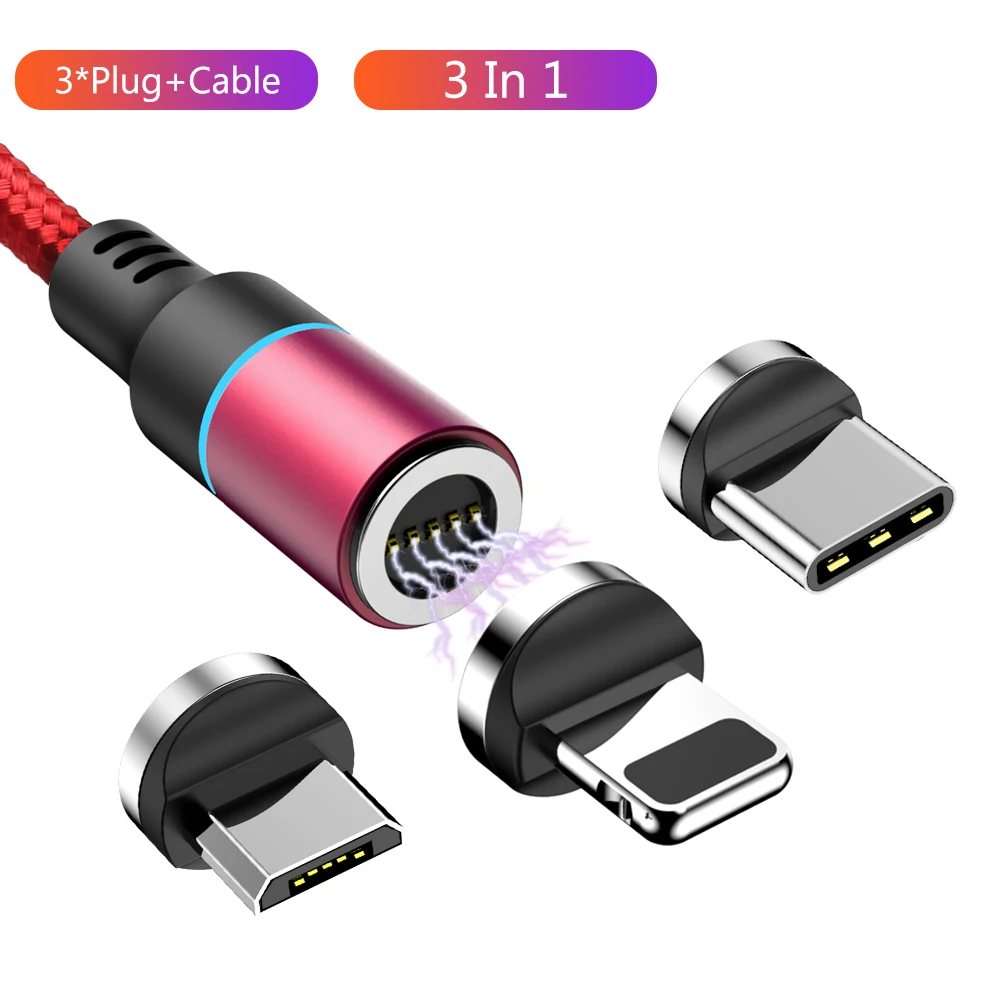 Магнитный Micro USB кабель для iPhone samsung Xiaomi 3A Быстрая зарядка данных провод шнур магнитное зарядное устройство usb type C кабель для мобильного телефона - Цвет: Red Cable 3 Plug