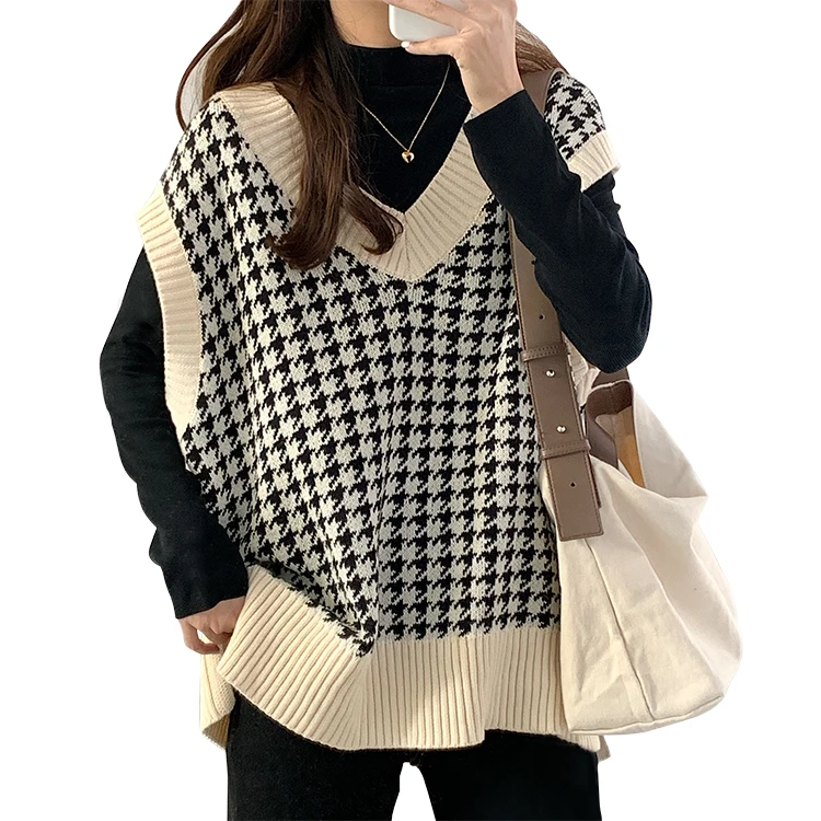 

2020 Women Sweater Vest Pullover Sleeveless Houndstooth Casual V Neck Autumn Winter Knitted Loose Tops chaleco punto mujer