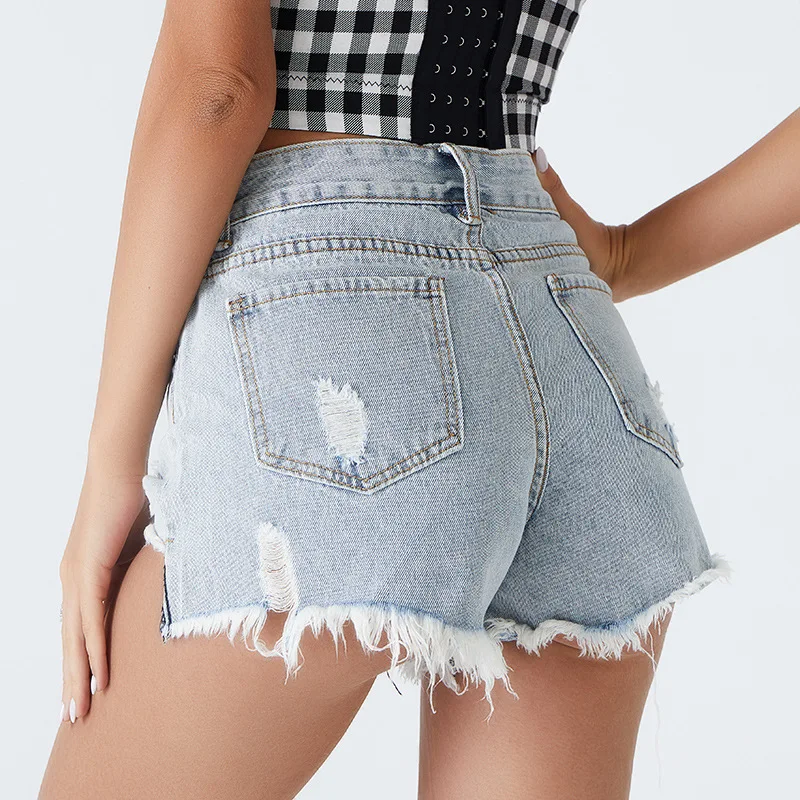 

2020 New Arrival Summer Style Female Fashion Sexy Summer Ripped Hole Solid High Waist Hot Night Club Sexy Denim Stright Shorts