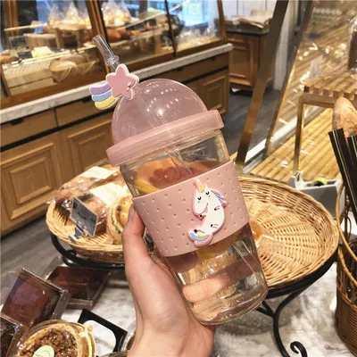 Unicorn Новая модная вишня двухслойная стеклянная чашка Kawaii бутылка для воды для детей и взрослых с соломинкой милые бутылки для воды Bpa бесплатно герметичные чашки - Цвет: Unicorn