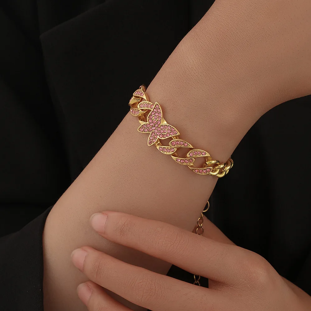 

2021 Unique Personalized Hip-hop Fashion Pink Diamond Butterfly Bracelet Trend Rock Punk Atmosphere Retro Jewelry Woman’s gift