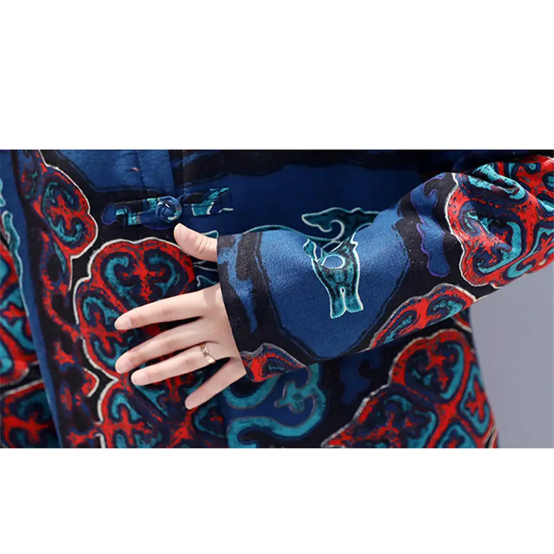 

Retro Cotton Hooded Jacket Female Autumn and Winter Casual Loose Big Size Print Ethnic Plus Velvet Thick Long Windbreaker f1573