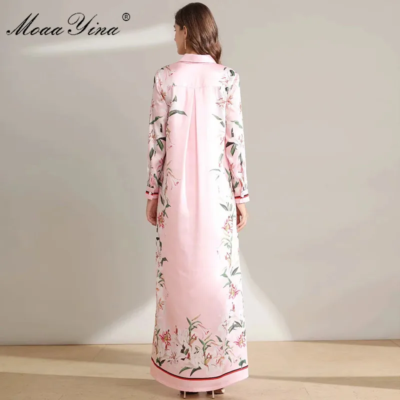 

MoaaYina Fashion Designer Runway dress Autumn Winter Women's Dress Long sleeve lily Floral-Print Loose Robe Maxi Dresses