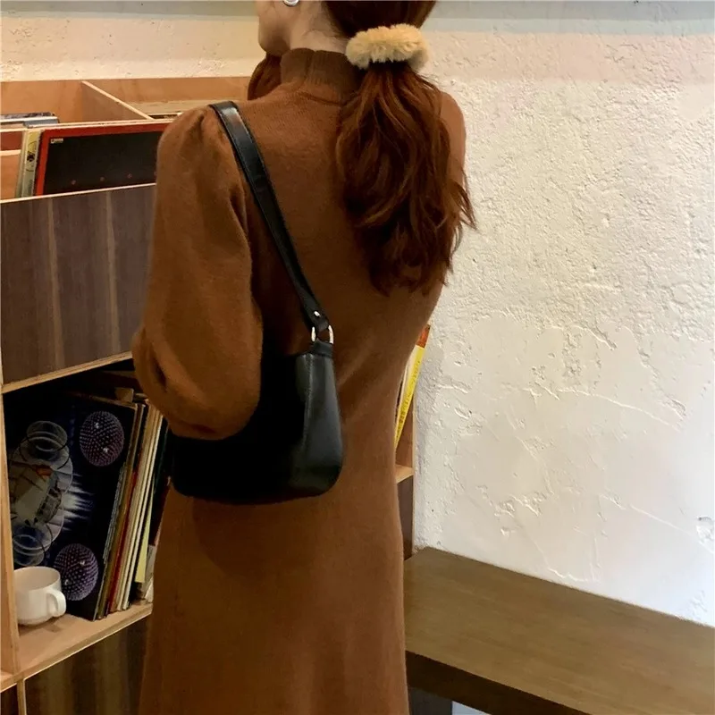 

Women's Stylish Knitting Dress Solid Stylish Collar Hollow Out Lantern Sleeves High Waist A-Line Dresses Winter Spring 2021