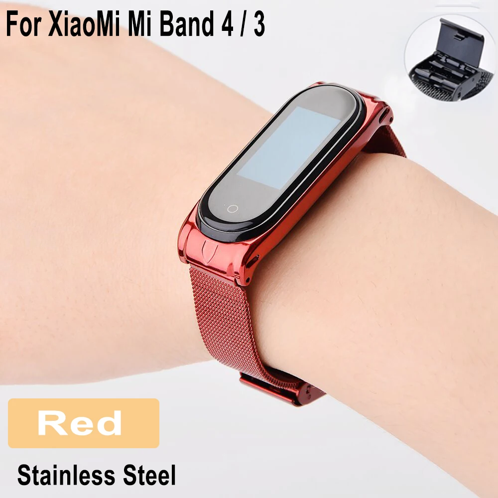 Браслет Mi Band 4 браслет из нержавеющей стали для Xiaomi Mi браслет 4 3 Mi4 сменный ремешок Miband 4 3 металлические браслеты Pulseira - Цвет: Red