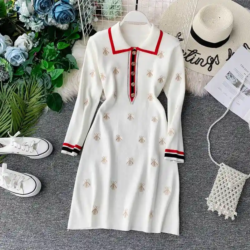 30755white NiceMix Осенние повседневные платья, женское платье трапециевидной формы с вышивкой пчелы, вязаное элегантное платье с длинным рукавом, женская одежда, женское платье - Цвет: 30755white
