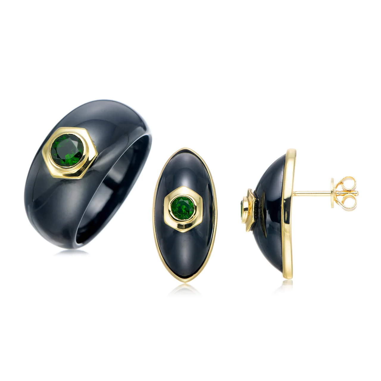 

Natural Chrome diopside 18k Yellow Gold Over Sterling Silver Jewelry Sets 0.92ctw with White or Black Ceramic Ring and Earrings