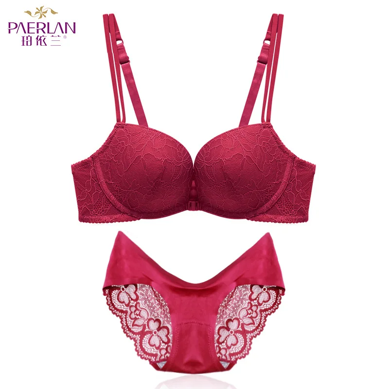 PAERLAN Ladies Briefs Fashion Lace Sexy Push-ups Deep V-neck Underwear Front Buckle No Steel Ring Bra Set Underwear Women Set