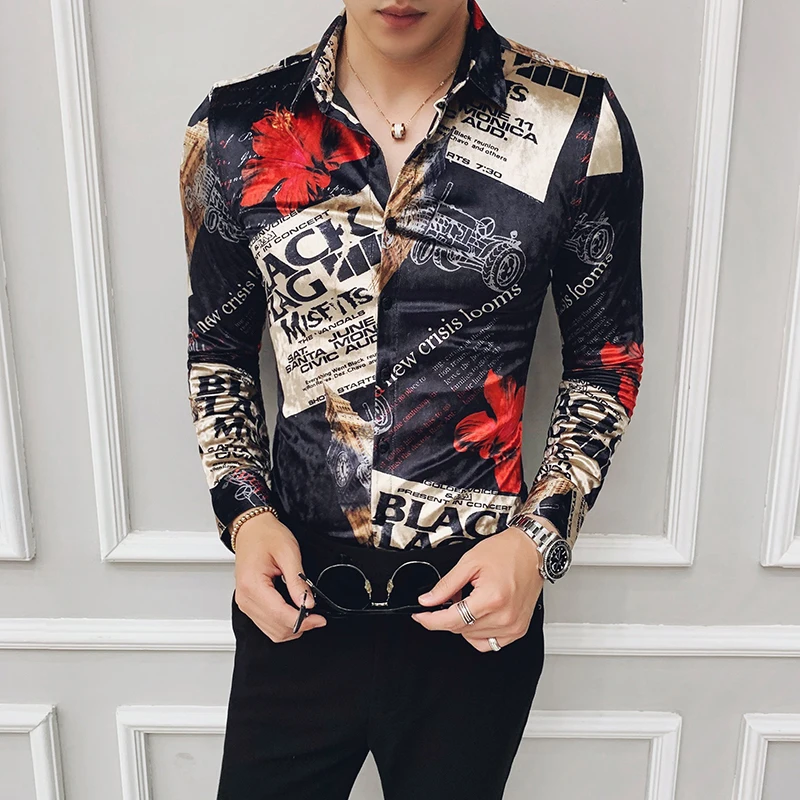 Модная брендовая Клубная рубашка зимняя мужская плотная Золотая Бархатная