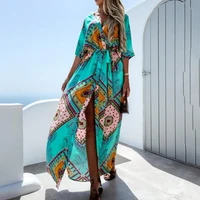 2021 summer fashion casual floral ethnic print women long beach dress v neck summer high split lace up boho dress beachwear robe