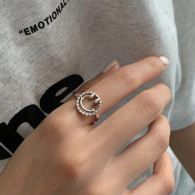 

Party Ring Retro Punk Hollow Smile Face With Pendant Ring Korean Fashion Girl Smile Face Ring Jewelry Gift Opening Adjustable