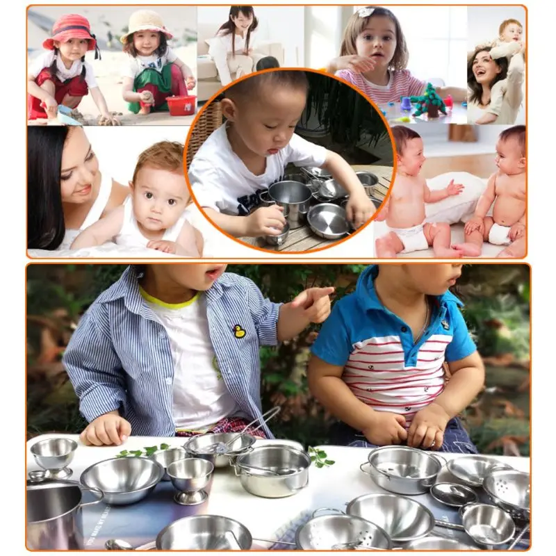 

Stainless Steel Kids House Kitchen Toys Cooking Cookware Pots Pans Pretend Play Playset Utensils