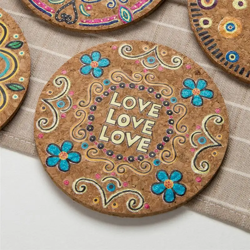 

8 Pcs Round Natural Cork Coasters Heat Resistant Patterned Mats Tabletop Protection Drink Coasters (Mixed)