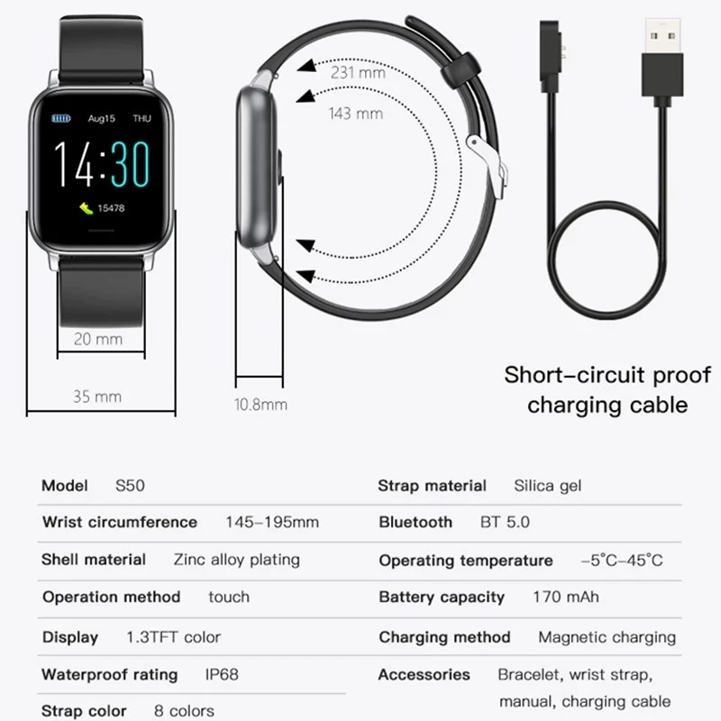 

New Sports Smart Watch Men S50 Heart Rate Healthy Blood Pressure Thermometer Step Waterproof IP68 Smart Watch For Android IOS