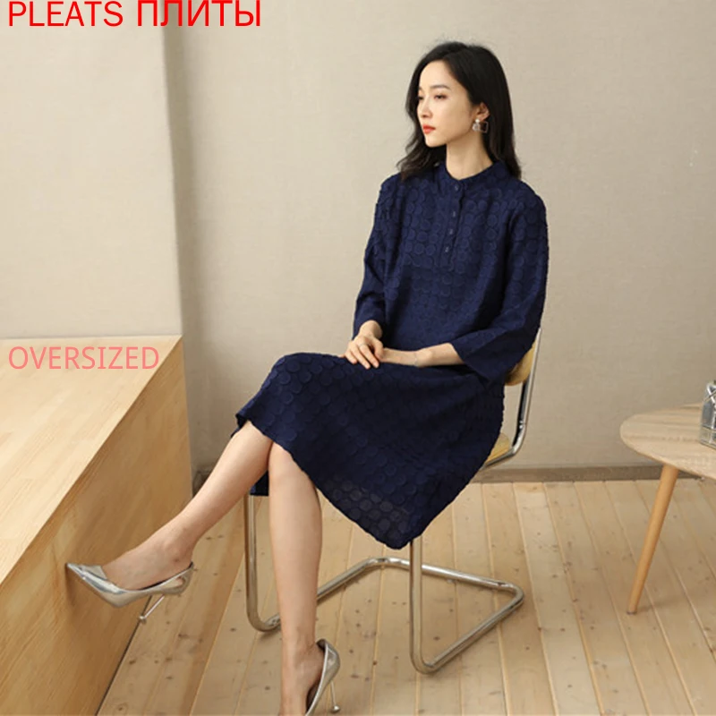 

Miyake Folds New Temperament Show Thin Waisted Fish Scale Embroidery Three-quarter Sleeve Dress PLEATS Shein Vestido De Mujer