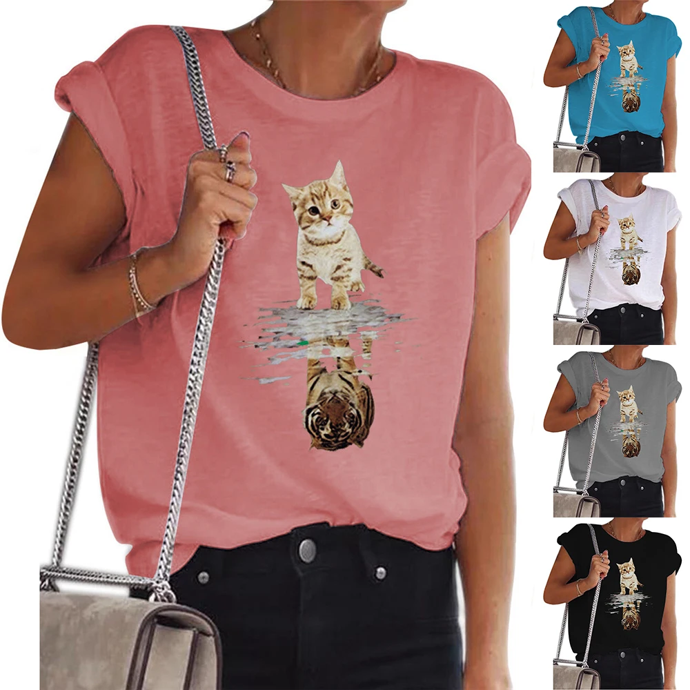 

Женские топы больших размеров в стиле Харадзюку, летние топы, женский летний топ с принтом в виде кота, футболка с коротким рукавом и круглым...