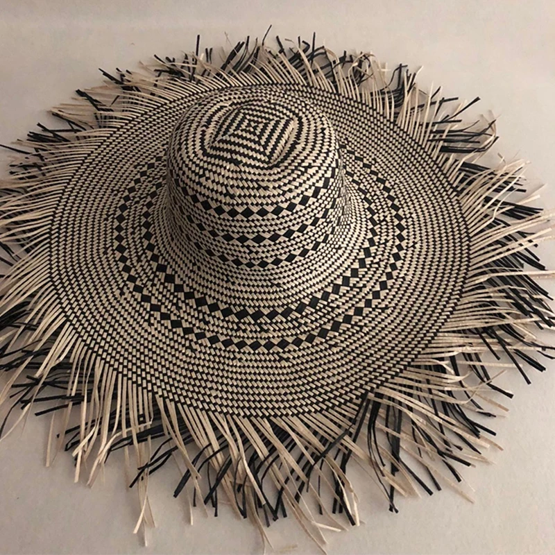 

Casual New Handmade Women Straw Sun Hat Large Wide Brim Girl High Quality Natural Raffia Panama Beach Straw Sun Caps For Holiday