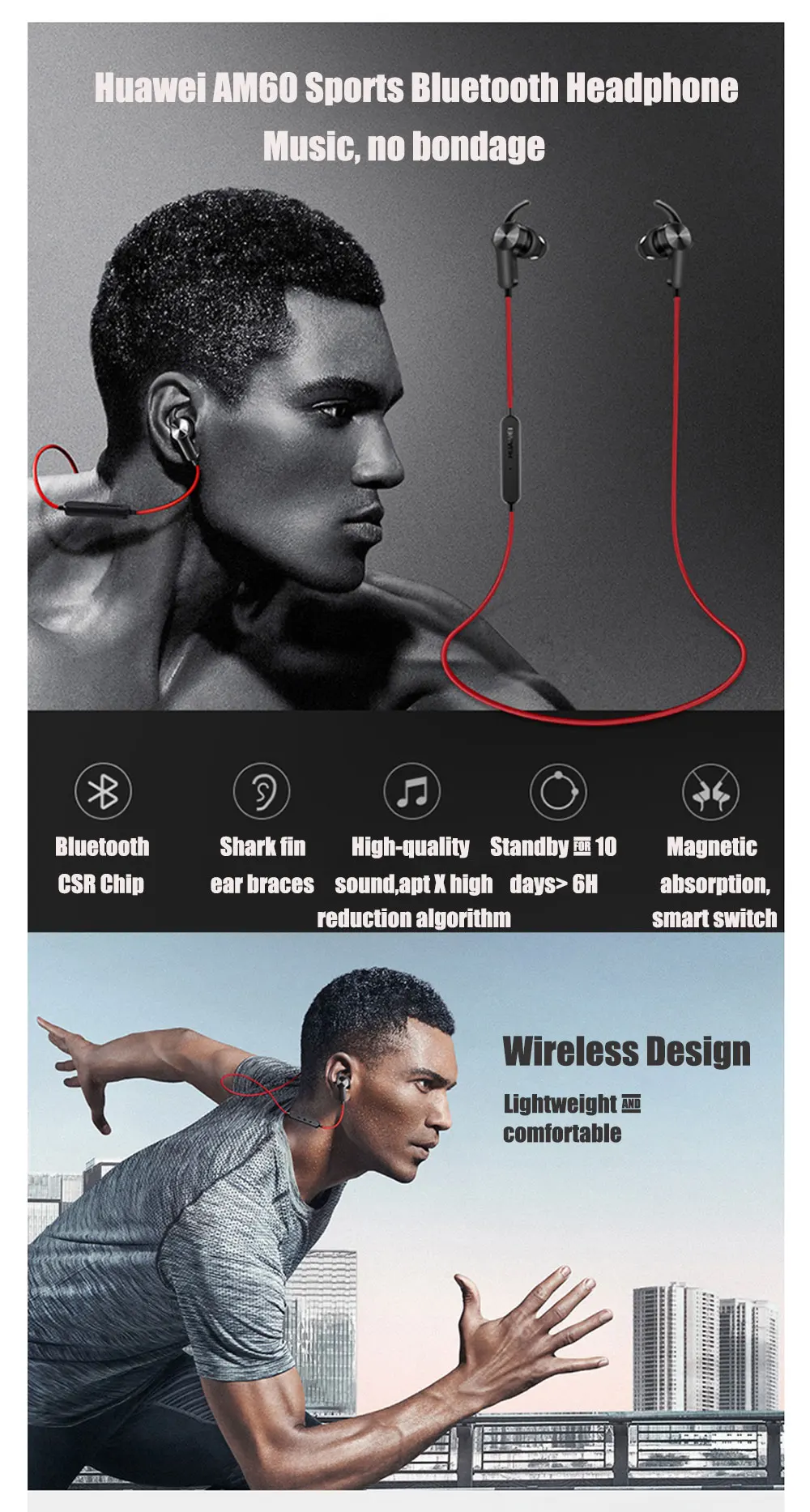 HUAWEI Спортивная bluetooth-гарнитура с шумоподавлением, для бега, магнитная, водонепроницаемая, беспроводная, в уши, стерео, Bluetooth наушники AM60