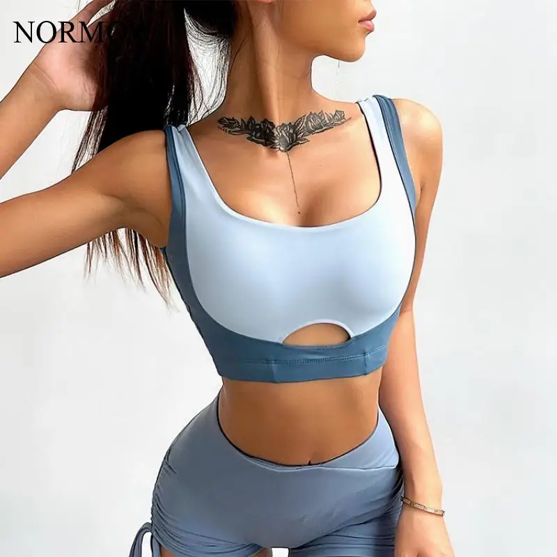 

NORMOV Contrast Color Bra Fitness Workout Push Up Gather Shockproof Bralette Breathable Sleeveless Sling Elasticity Bras Running