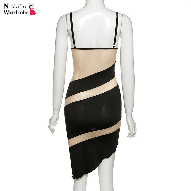 

Sexy Women Mujer Patchwork Mesh Sheer Spaghetti Strap Dress For Fenale Fashion Club Party Bodycon Dresses