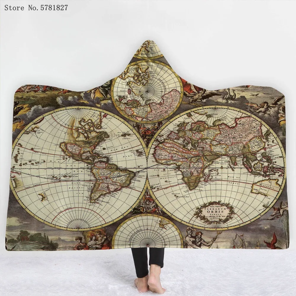 Одеяло с капюшоном и 3D принтом карты мира красочное Флисовое одеяло мультяшным рисунком для спальни носимый