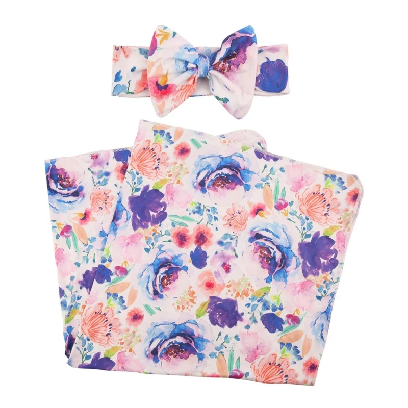 

2 Pcs Newborn Baby Receiving Blanket Bowknot Headband Set Infant Print Swaddle