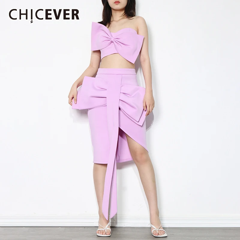 

CHICEVER Повседневный лоскутный комплект с большим бантом для женщин, без бретелек, без рукавов, топы с высокой талией, юбка, тонкие комплекты, ж...