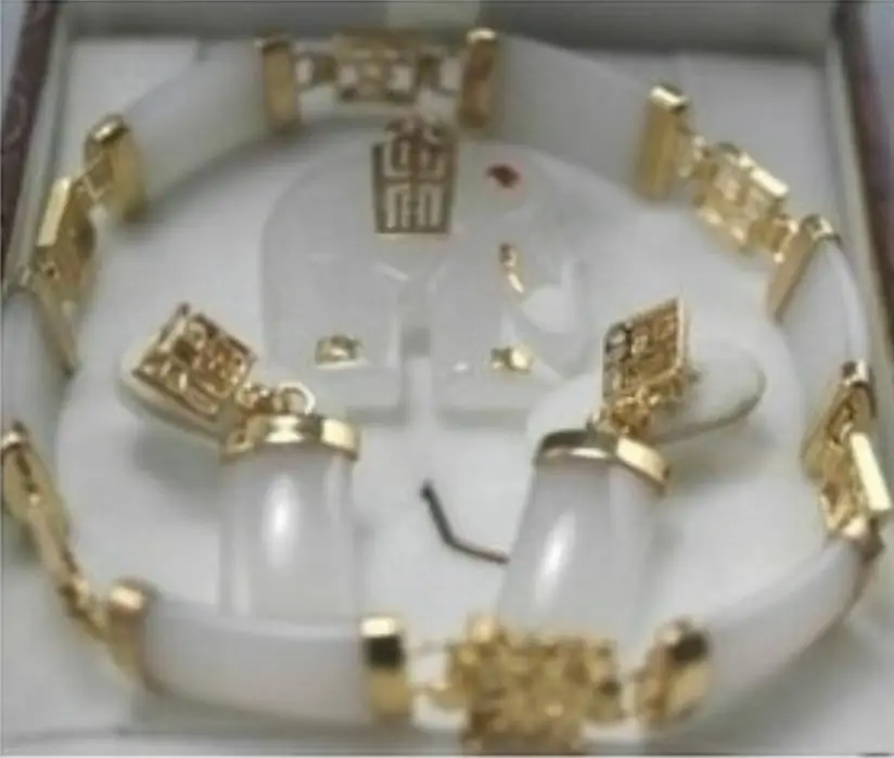

7.5" white jade Elephant pendant bracelet earring set AAA+02