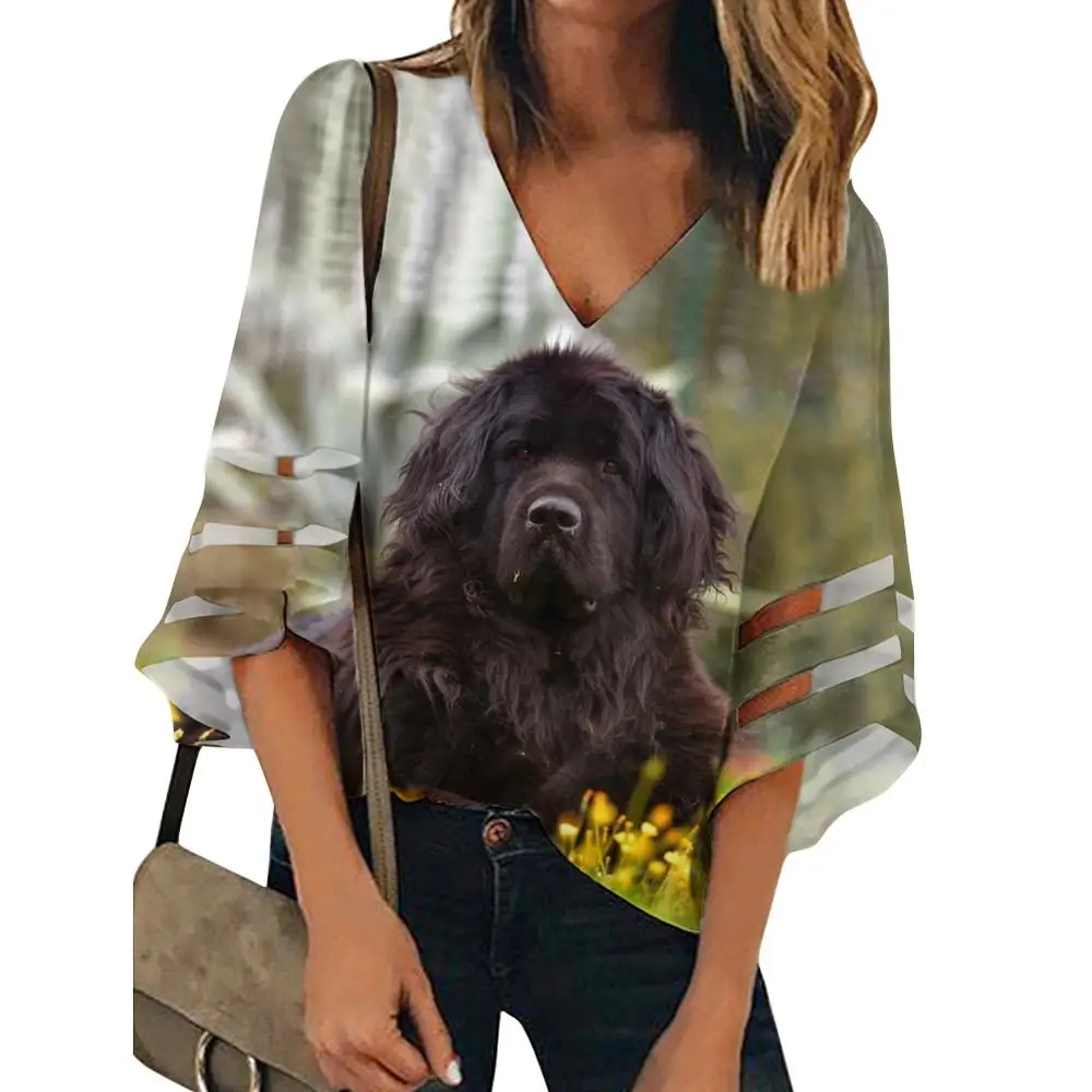 Funny Women Puppy Print Blouse Shirts Female Tops Loose Sleeve Casual V-neck 3D Newfoundland Dog Blouses Women Tops Blusas