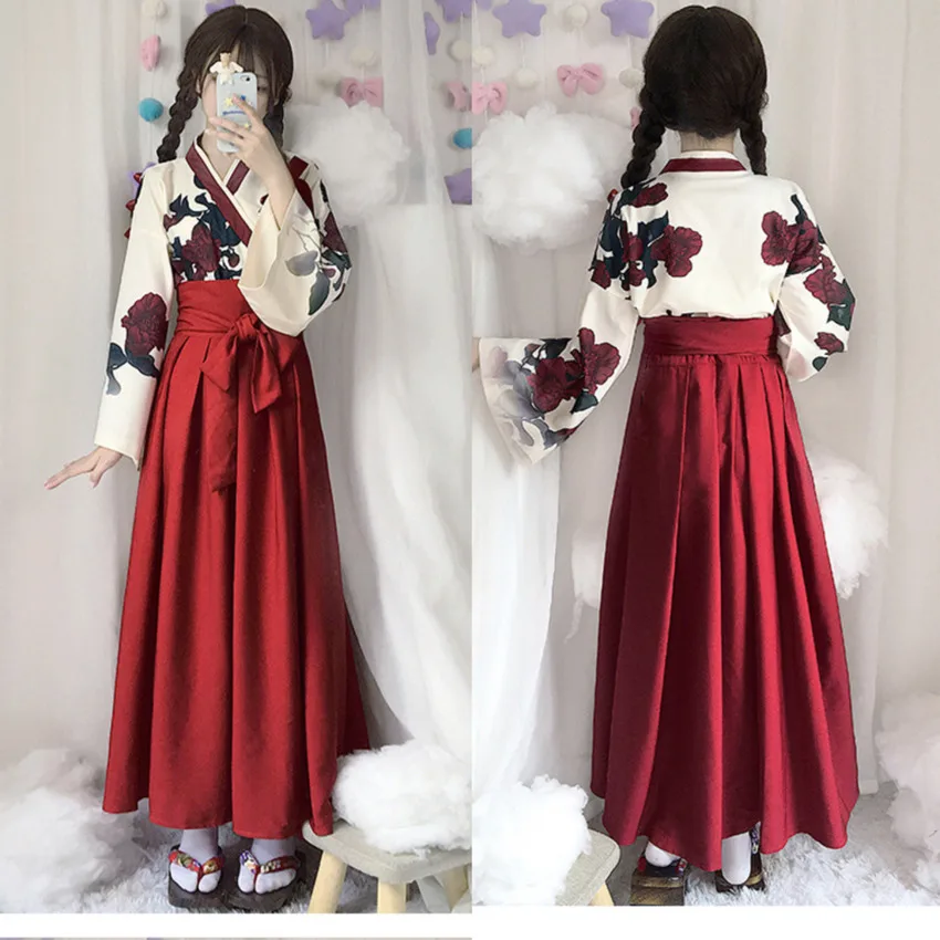 2021 для девочек в японском Стиль ретро кимоно с цветочным рисунком длинным