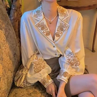qweek blouse women elegant vintage shirt embroidered floral top long sleeve korean office ladies oversized luxury designer queen