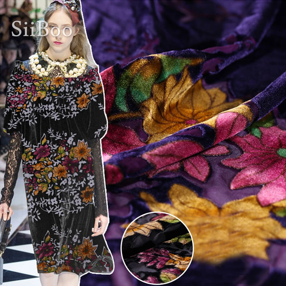Черный фиолетовый с цветочным выгоранием искусственный шелк Бархат
