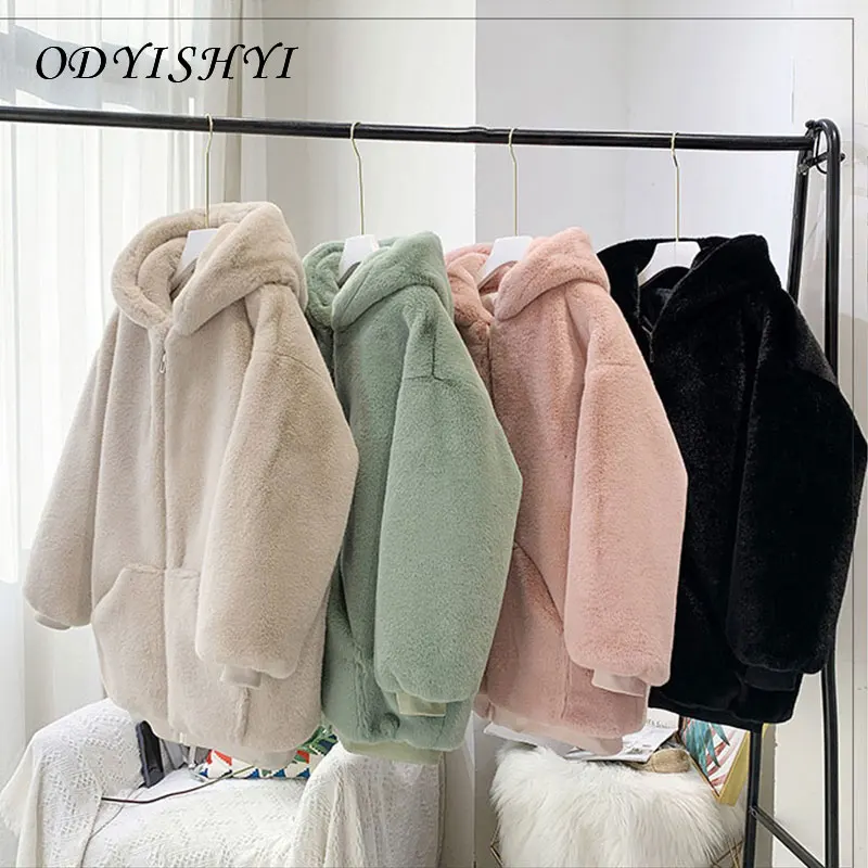 

Plush Winter Warm Outwear Women Mid Length Jacket Hooded Faux Imitation Rex Rabbit Fur Coat 2020 New Casual Loose Thick Overcoat