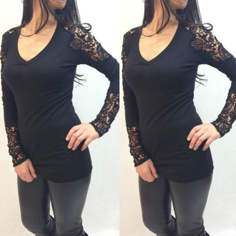 Fashion Women Cotton Shirts Sexy Lace Crochet Long Sleeve T-Shirt Ladies Casual Blouse Tops | Женская одежда