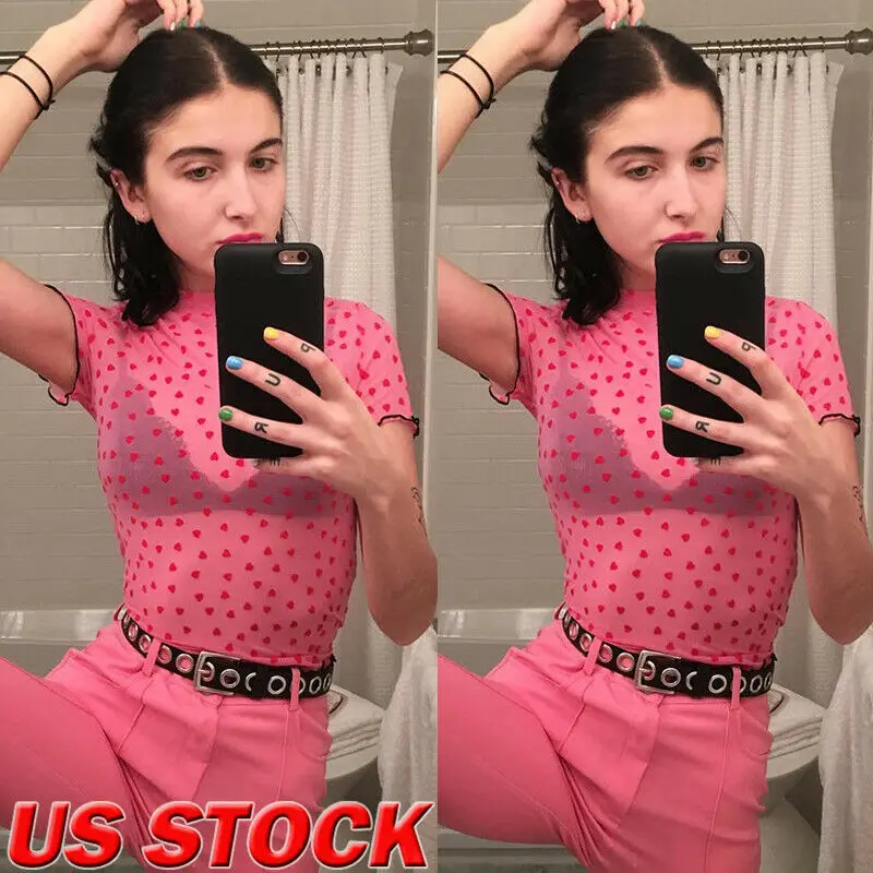 Сексуальный женский сетчатый короткий топ с коротким рукавом и высоким