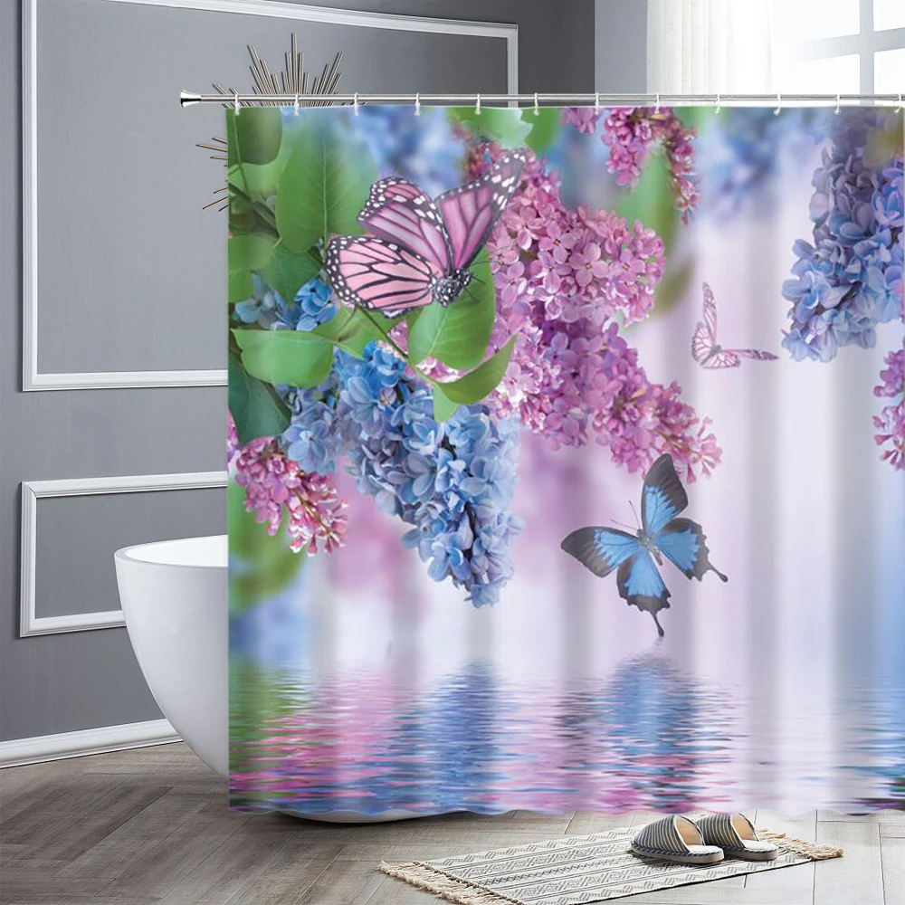 

Фиолетовые цветы бабочки душевые наборы штор домашний декор полиэстер ткань Водонепроницаемый Ванная комната занавес занавеска для ванно...