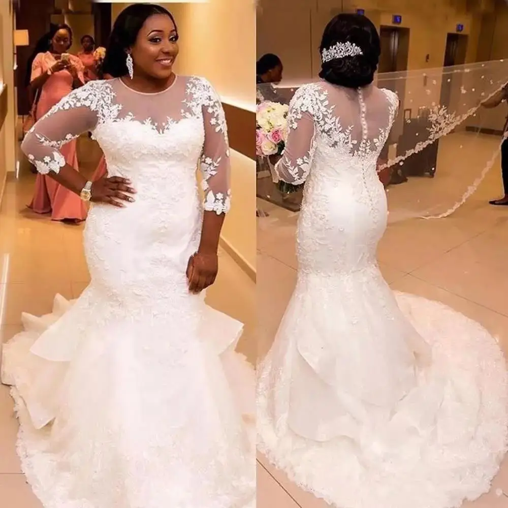 

Women's Plus Size Mermaid Wedding Dress for Bride Elegant Lace Applique Beading Bridal Gowns
