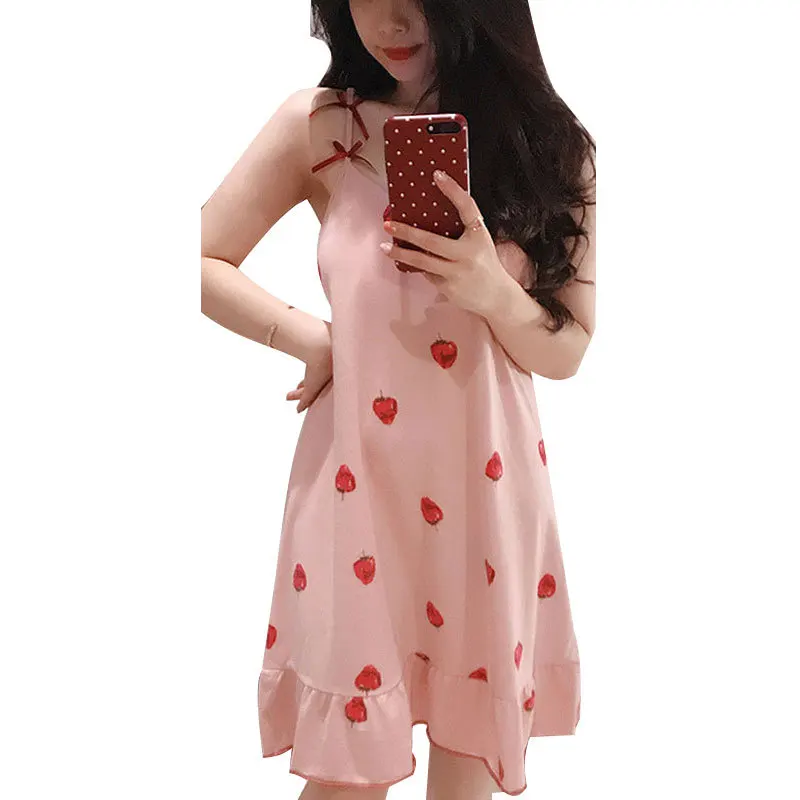 2021 Spring Summer Milk Silk Suspender Nightdress Women's Eye Mask Bra Nightdress Strawberry Sexy Thin Home Clothes Nightwear