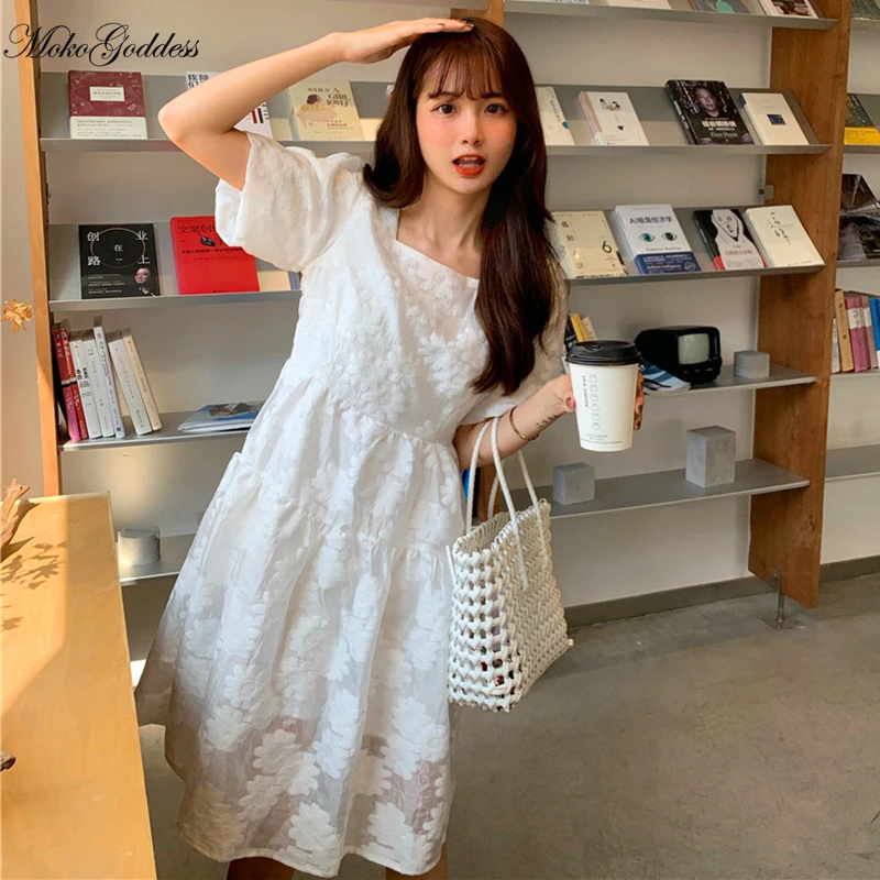 Женское летнее милое ТРАПЕЦИЕВИДНОЕ ПЛАТЬЕ в Корейском стиле с квадратным