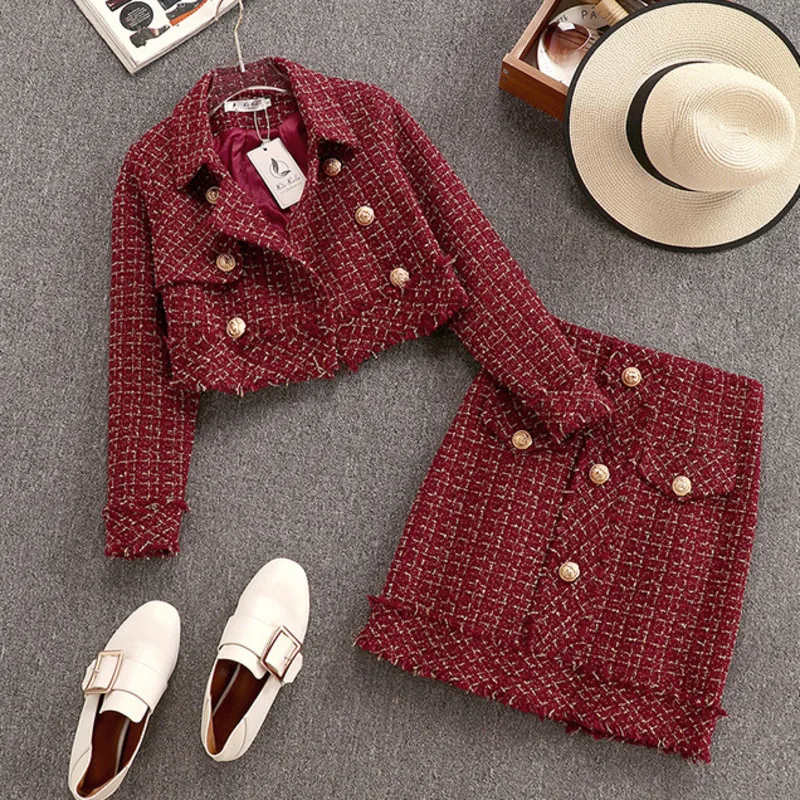 

Fall Winter Elegant Vintage Tweed Two Piece Set Women Korean Single-Breasted Woolen Short Jacket Coat+Bag Hip Mini Skirt Suits