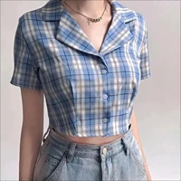 women summer plaid short sleeve button up shirt ladies tops slim casual korean fashion crop top female blouse