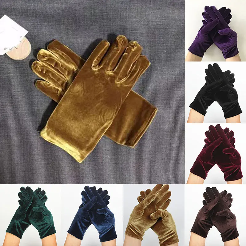 

1 Pairs Solid Color Gold Velvet Gloves Hand Warmer Etiquette Cycling Gloves Soft Elastic Evening Dress Party Full Finger Gloves
