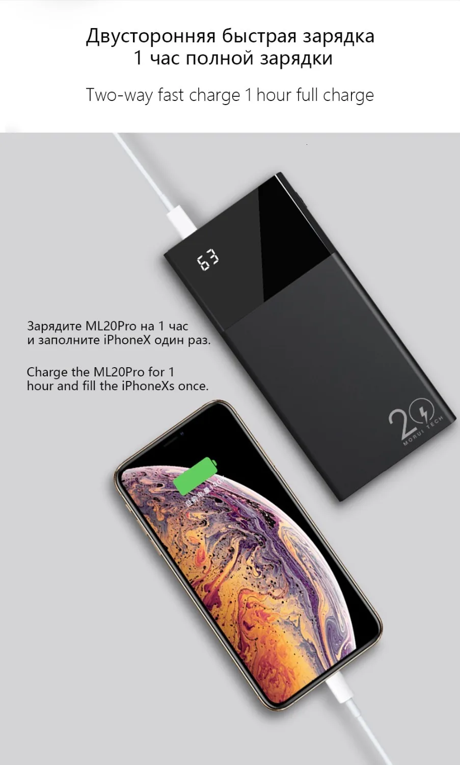 MORUI power bank ML20 Pro 20000 мА/ч 18 Вт QC3.0+ Type-C3.0, двойная быстрая зарядка, внешний аккумулятор с умным цифровым дисплеем
