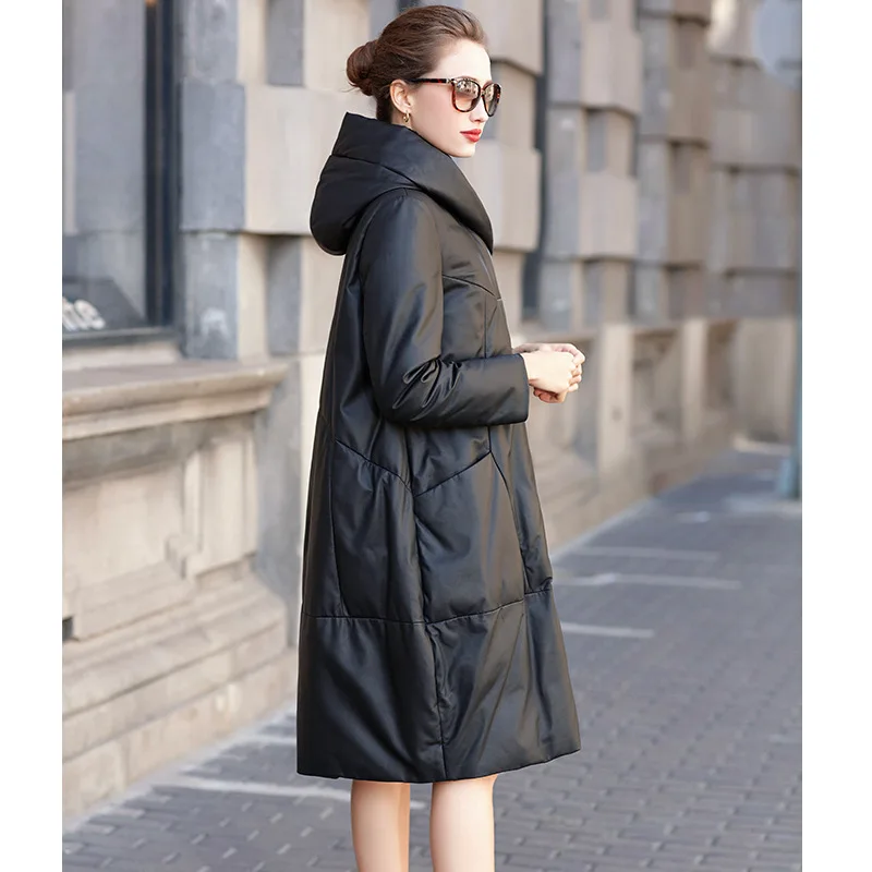 Genuine Leather Down Jacket Women's Brand Long Sheepskin Hooded Leather Outerwear Casual Medium Length Black Leather Coat
