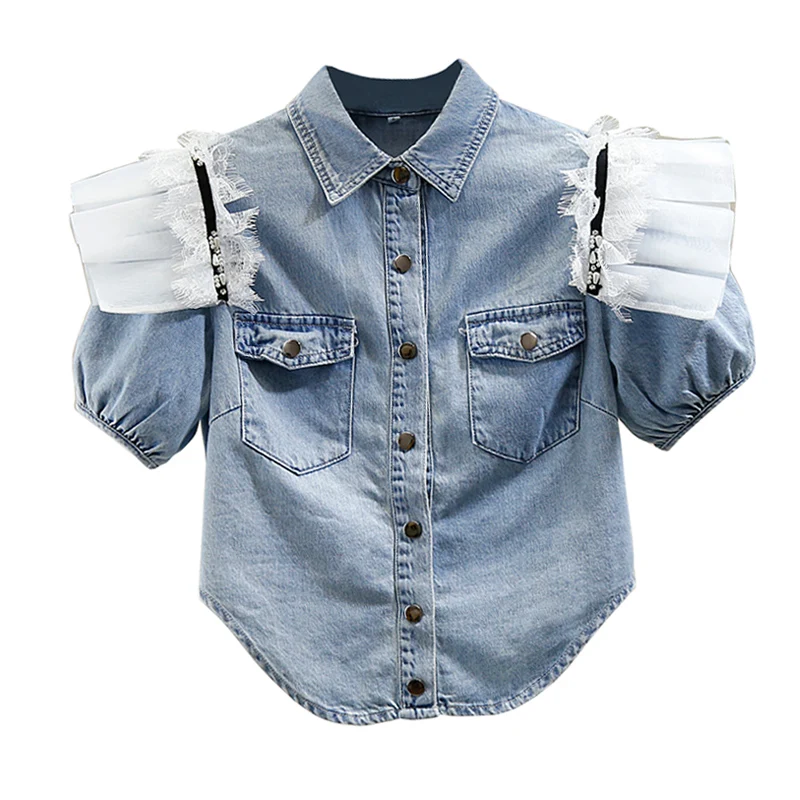 

Summer Jean Bloues for Women Beads Sweet Lace Stitching Short Sleeve Jeans Shirt Irregular Single Breasted Short Denim Jacket