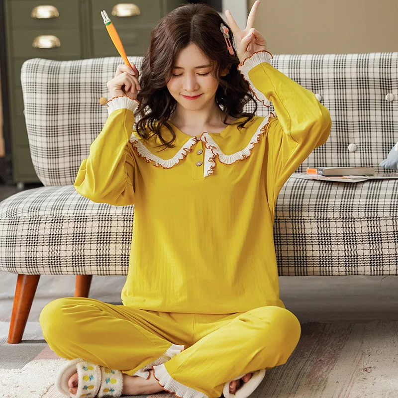 

Sweet Lovely Pajamas Princess Women Pajamas Round Neck Square Collar Pure Color Long Top and Long Pants 2-Piece Set