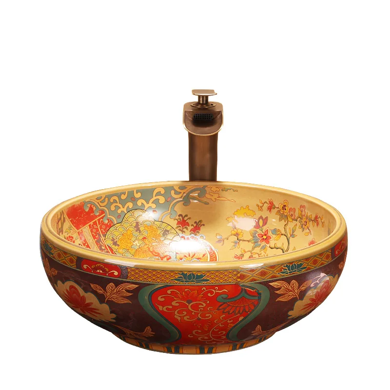 

European Round Marble Pattern Bathroom Vessel Sink Ceramic Above Counter Vintage Art Basin Bathroom Bowls Shampoo Sinks