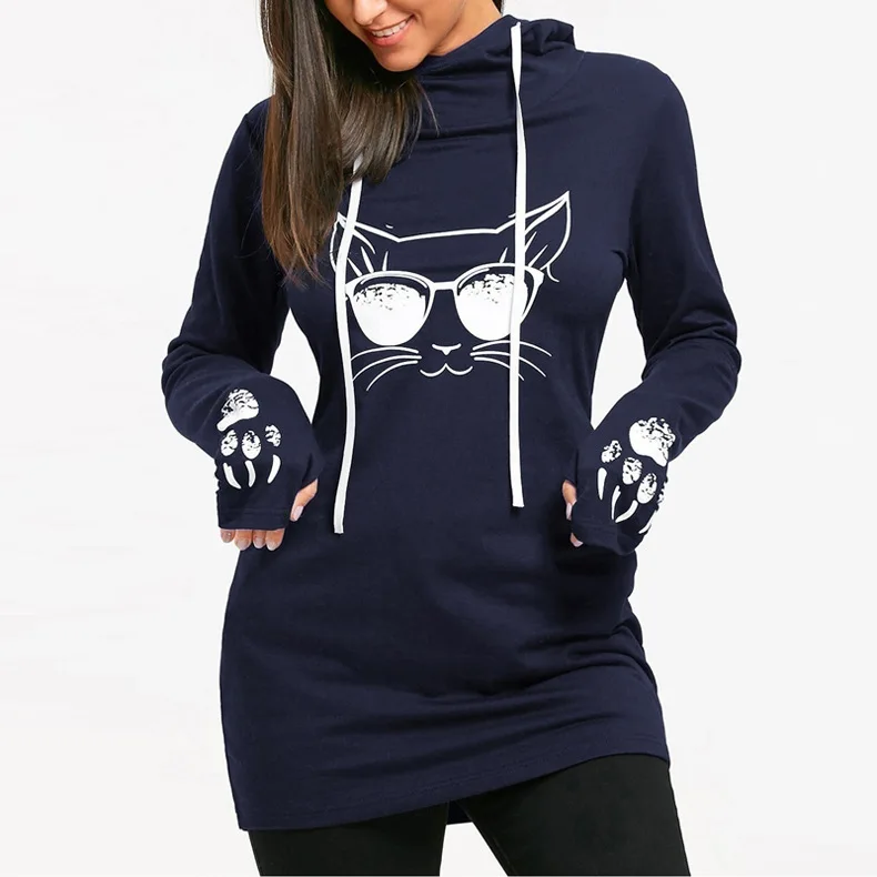 

2019 New Women Hoodie Long Sweatshirt Pullover Sexy Dress Girl Autumn Winter Casual Party Plus 5XL Long Sleeve Print Cat Clothes